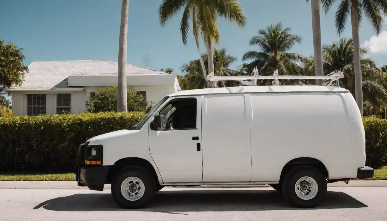 Plain white work van parked on a sunny residential street